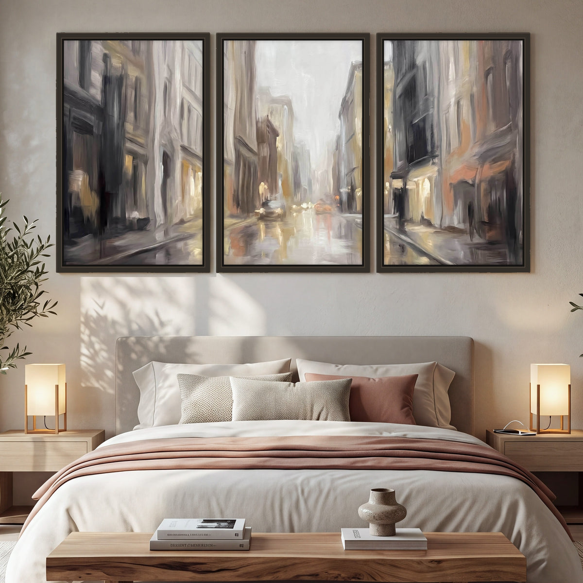 Rainy city street painting 3 piece framed canvas in a bedroom above the bed