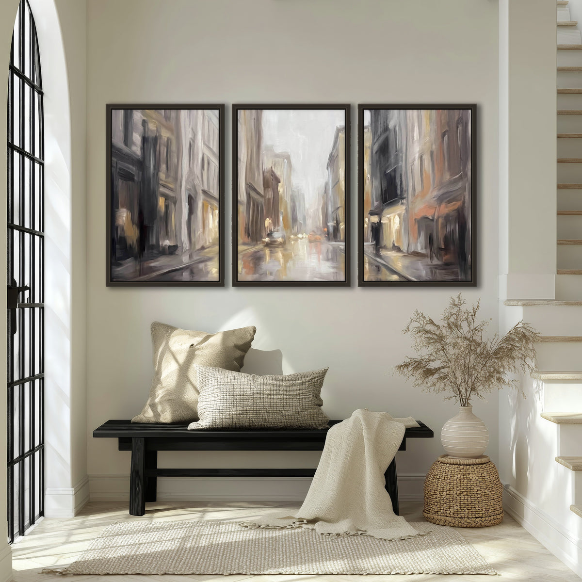 Rainy city street painting 3 piece framed canvas in an entryway above a bench