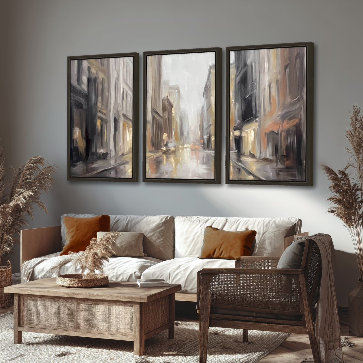 Rainy city street painting 3 piece framed canvas in a rustic living room