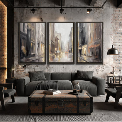 Rainy city street painting 3 piece framed canvas in an industrial loft