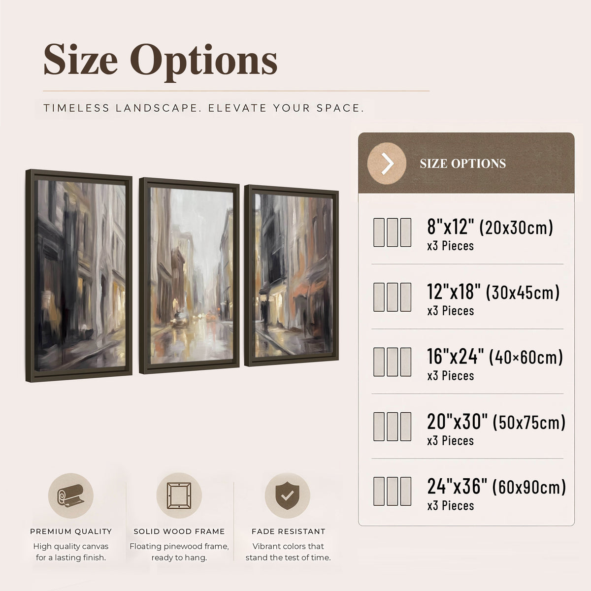 Rainy city street painting 3 piece framed canvas size options