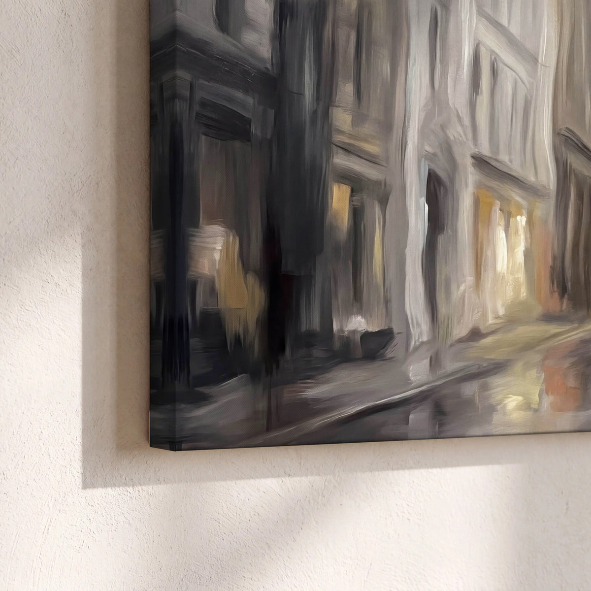 Rainy city street painting canvas print close-up showing the gallery-wrapped edge
