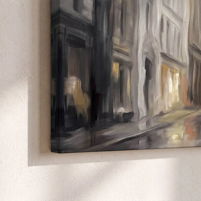 Rainy city street painting canvas print close-up showing the gallery-wrapped edge
