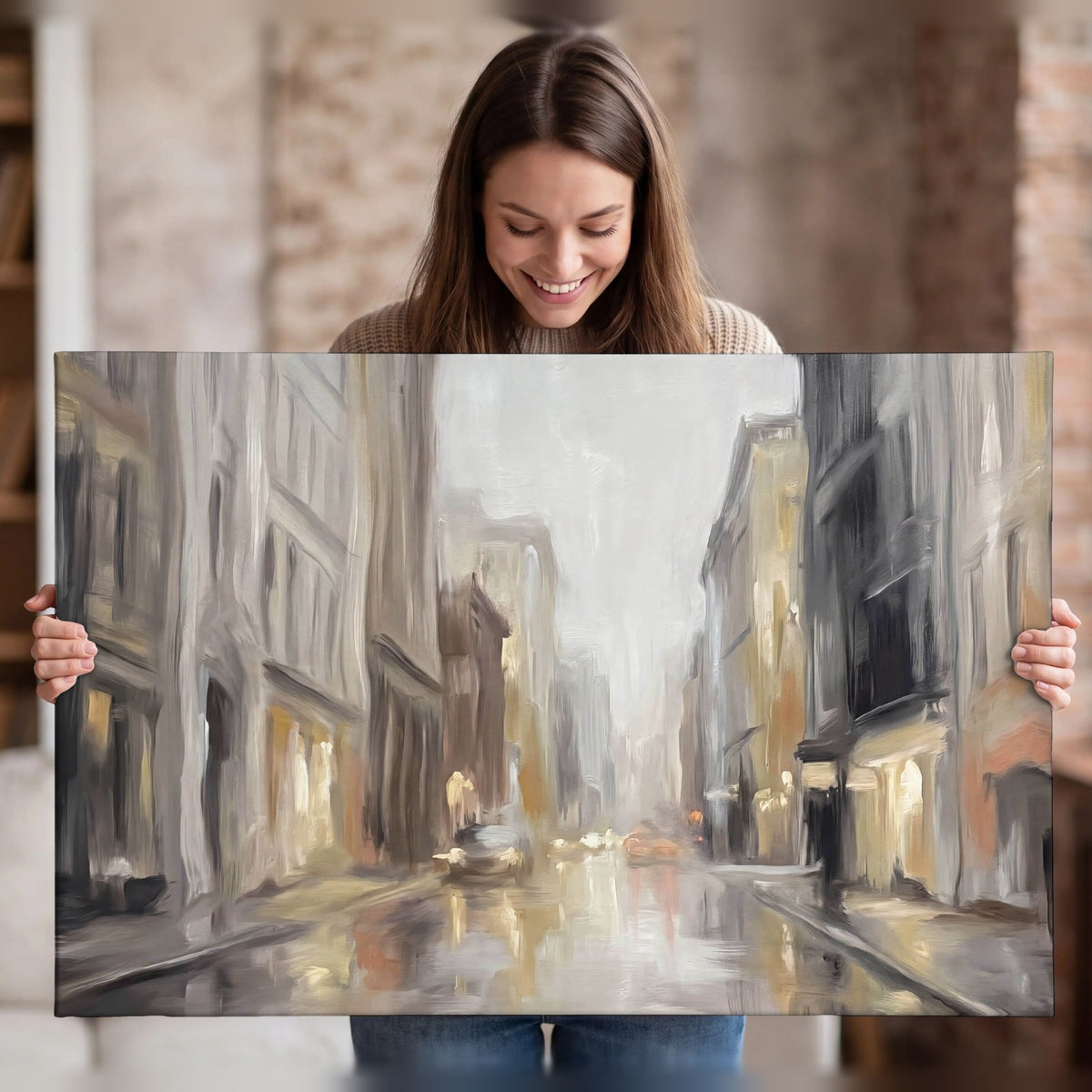 Rainy city street painting canvas wall art held in hands