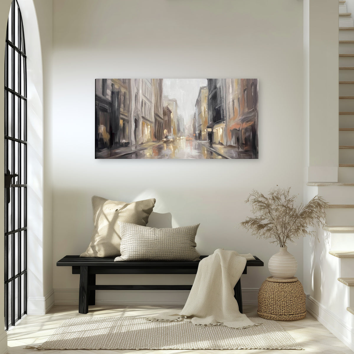 Rainy city street painting canvas wall art in an entryway above a bench