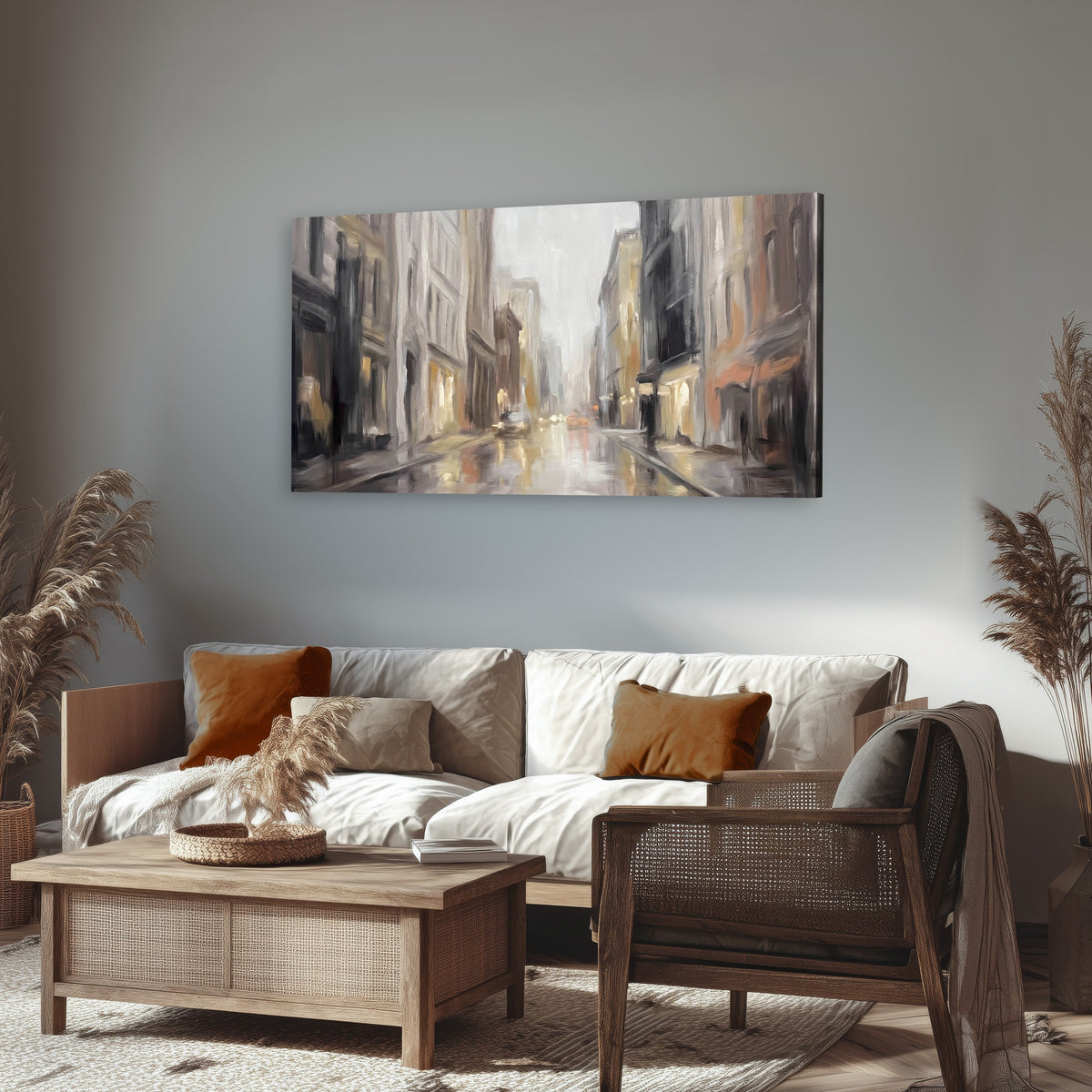 Rainy city street painting canvas wall art in a rustic living room