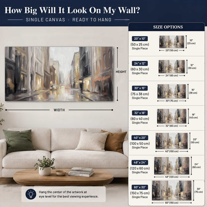 Rainy city street painting canvas wall art size guide above a sofa
