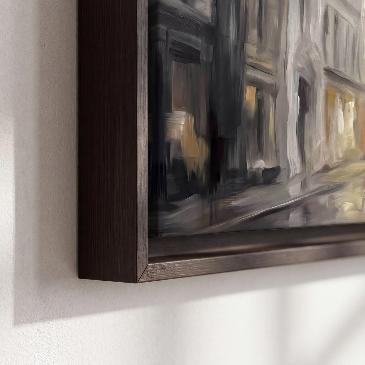 Rainy city street painting framed canvas close-up showing the floating frame