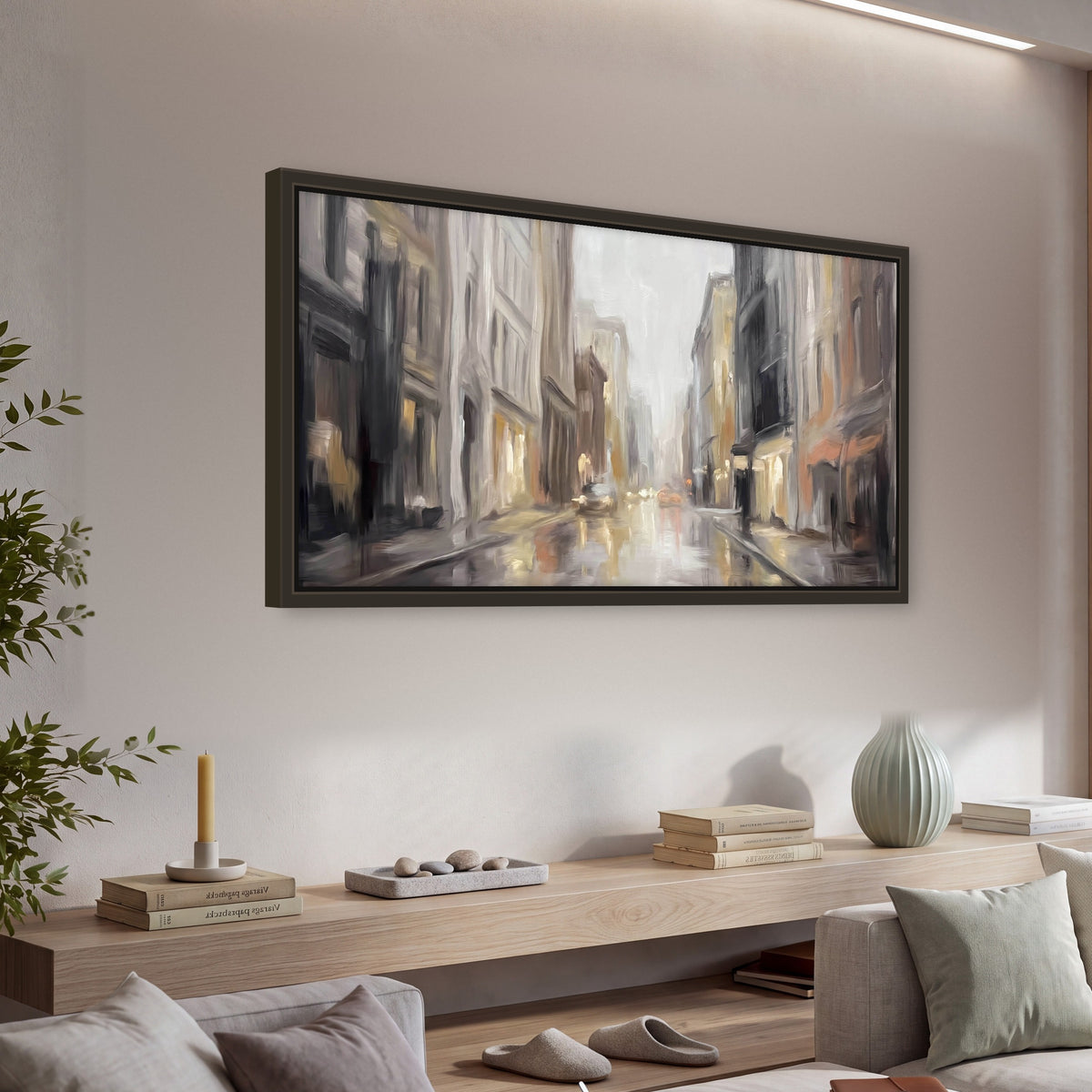 Rainy city street painting framed canvas wall art in a living room above a console