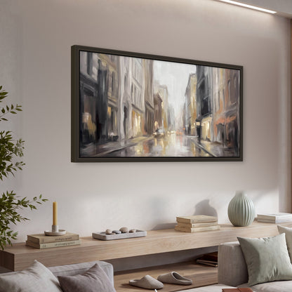 Rainy city street painting framed canvas wall art in a living room above a console