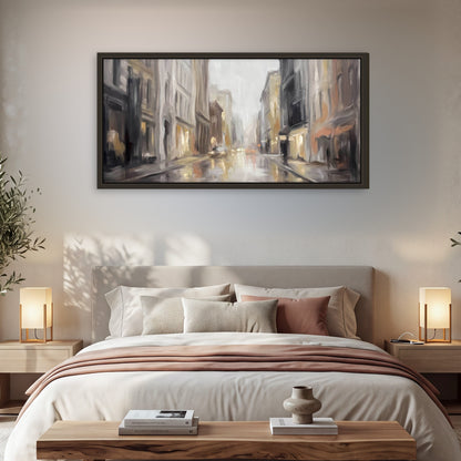 Rainy city street painting framed canvas wall art in a bedroom above the bed