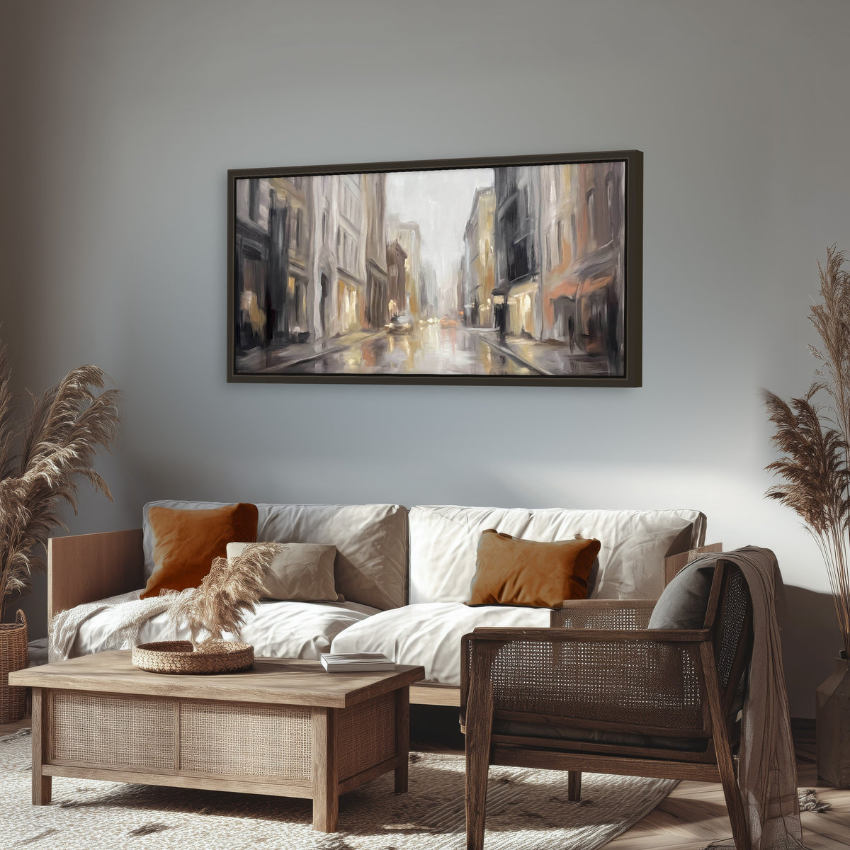 Rainy city street painting framed canvas wall art in a rustic living room