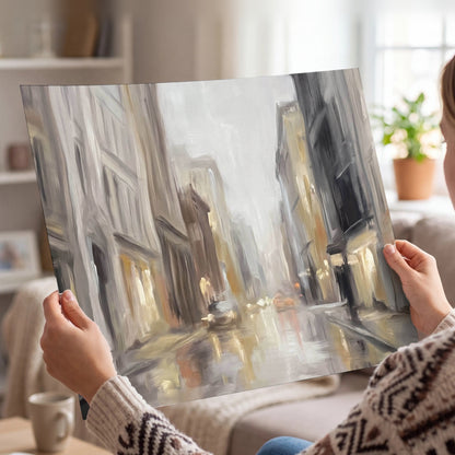Rainy city street painting poster print held in hands