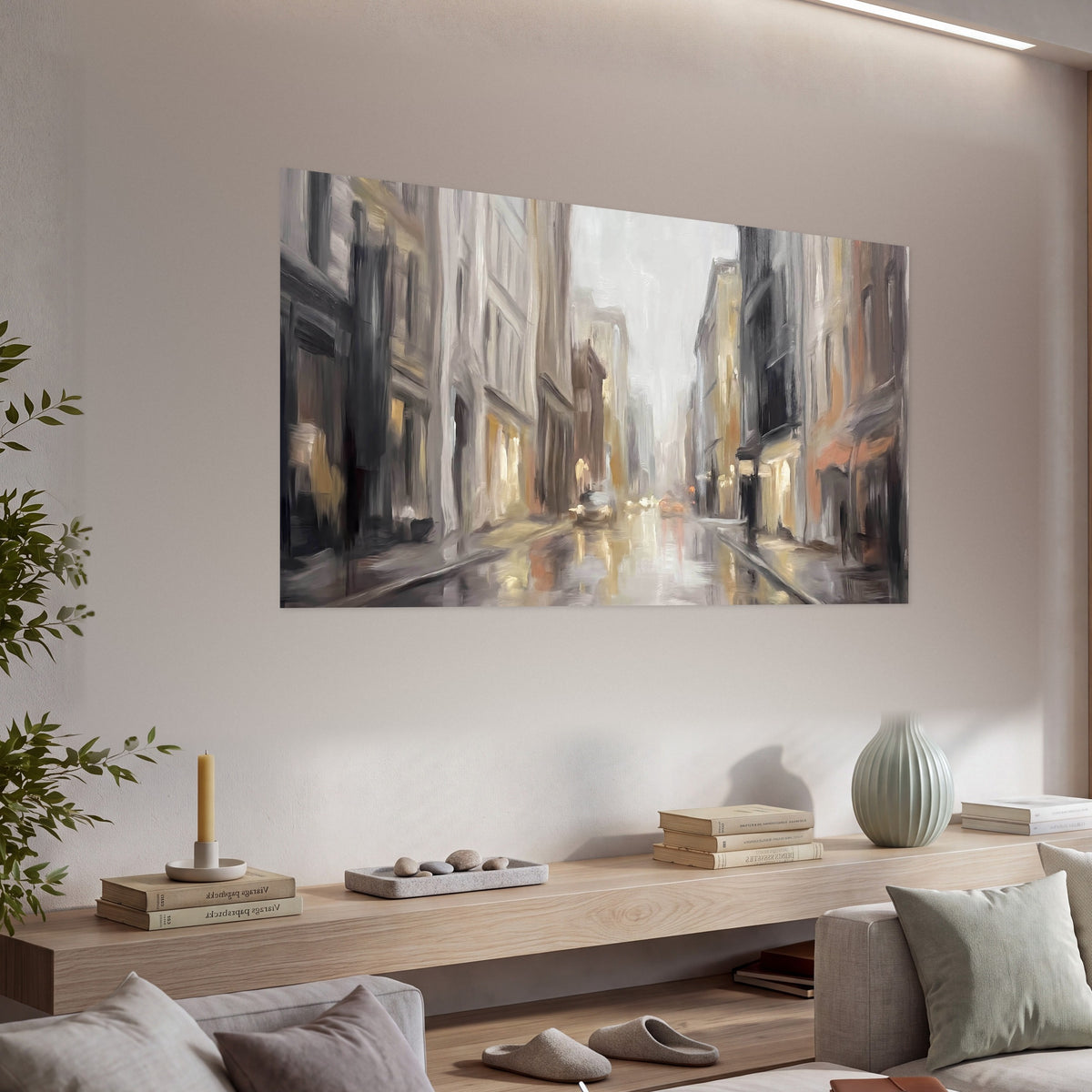 Rainy city street painting poster print in a living room above a console