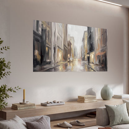 Rainy city street painting poster print in a living room above a console
