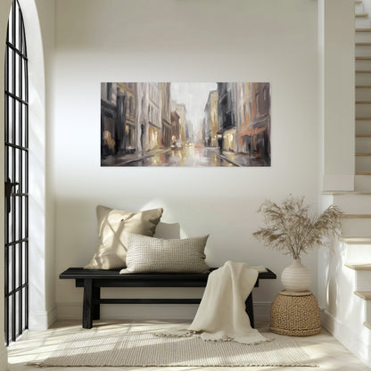 Rainy city street painting poster print in an entryway above a bench