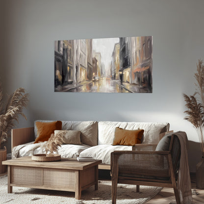 Rainy city street painting poster print in a rustic living room