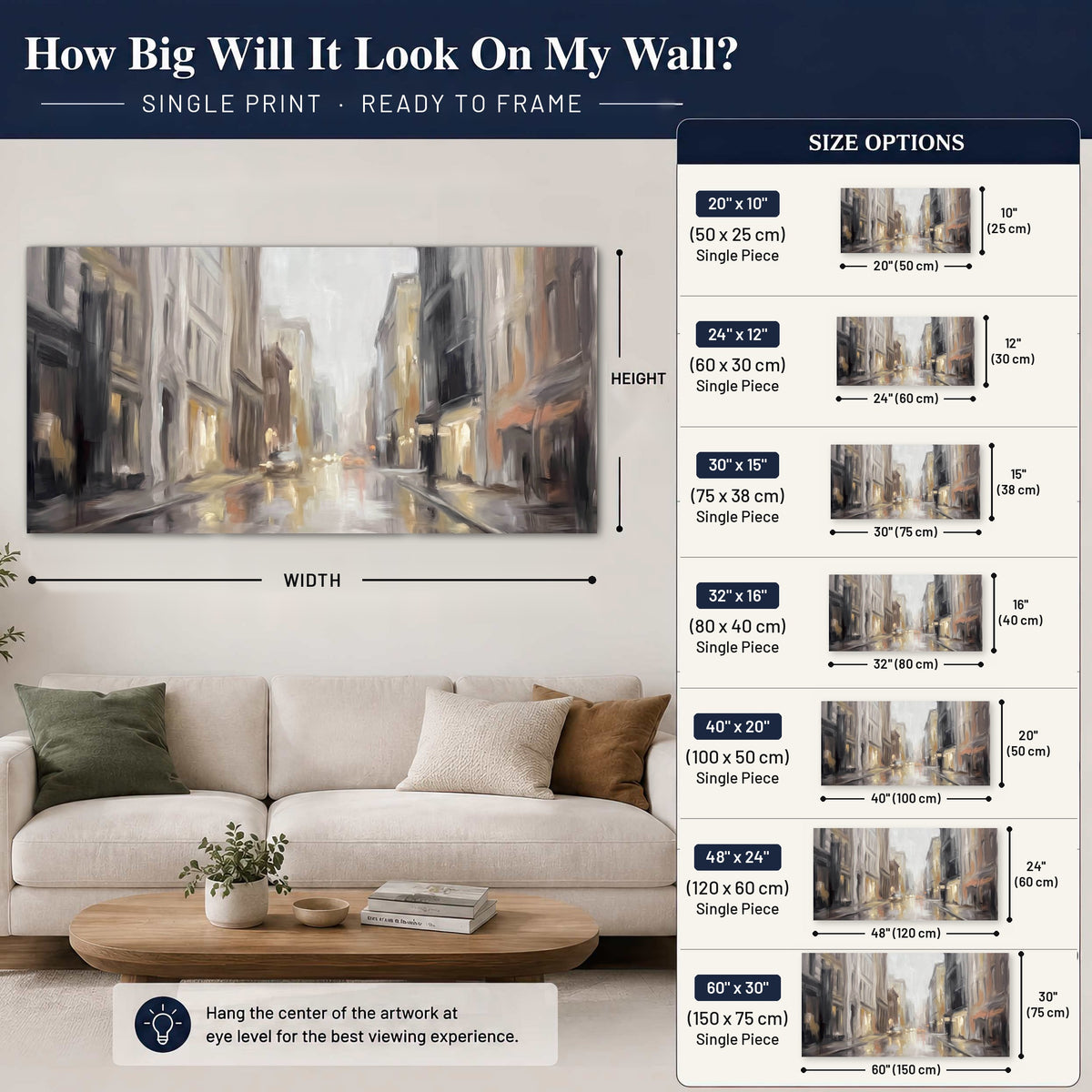 Rainy city street painting poster print size guide above a sofa