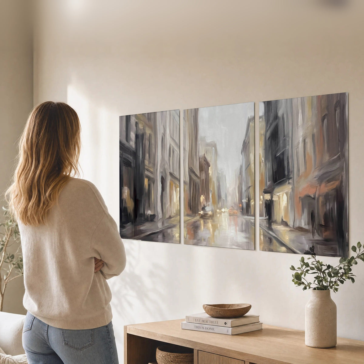 Rainy city street painting set of 3 poster prints in a living room