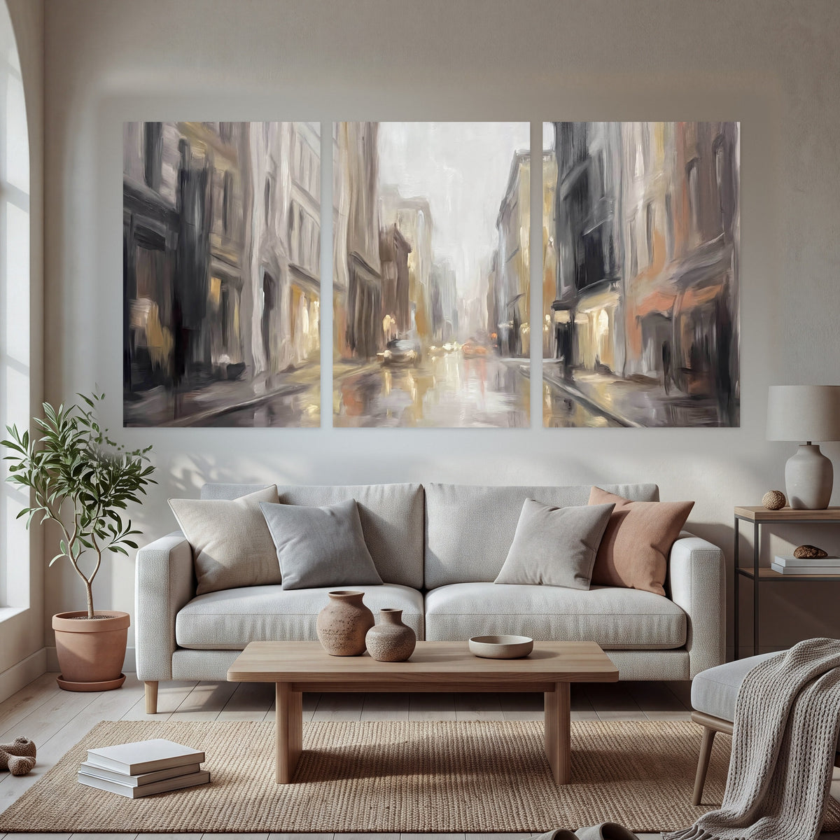 Rainy city street painting set of 3 poster prints in a bright living room