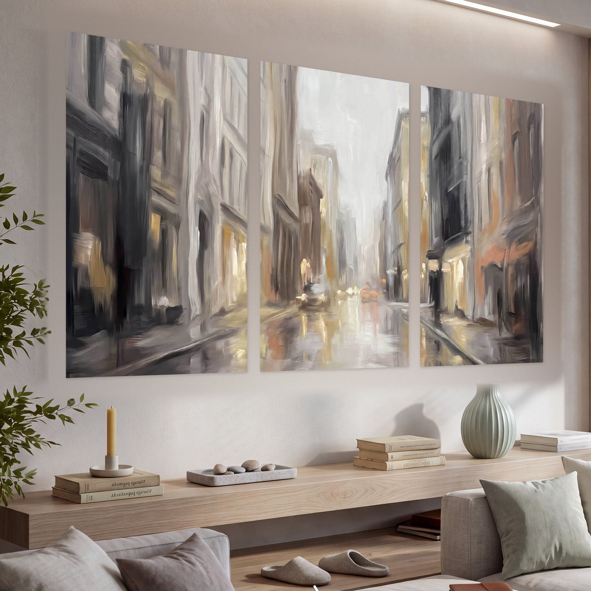 Rainy city street painting set of 3 poster prints in a living room above a console