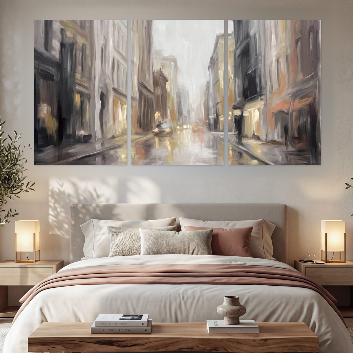Rainy city street painting set of 3 poster prints in a bedroom above the bed