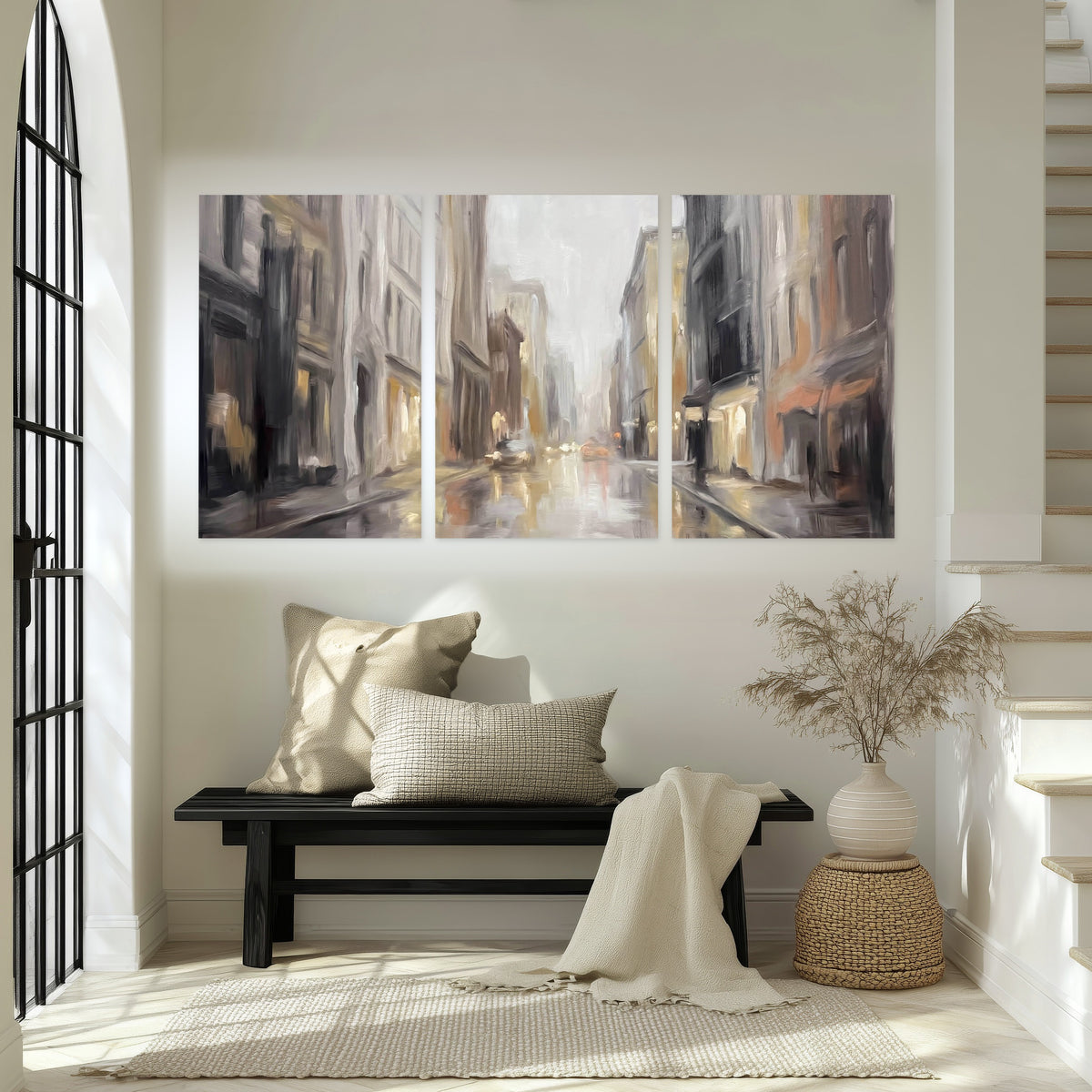 Rainy city street painting set of 3 poster prints in an entryway above a bench