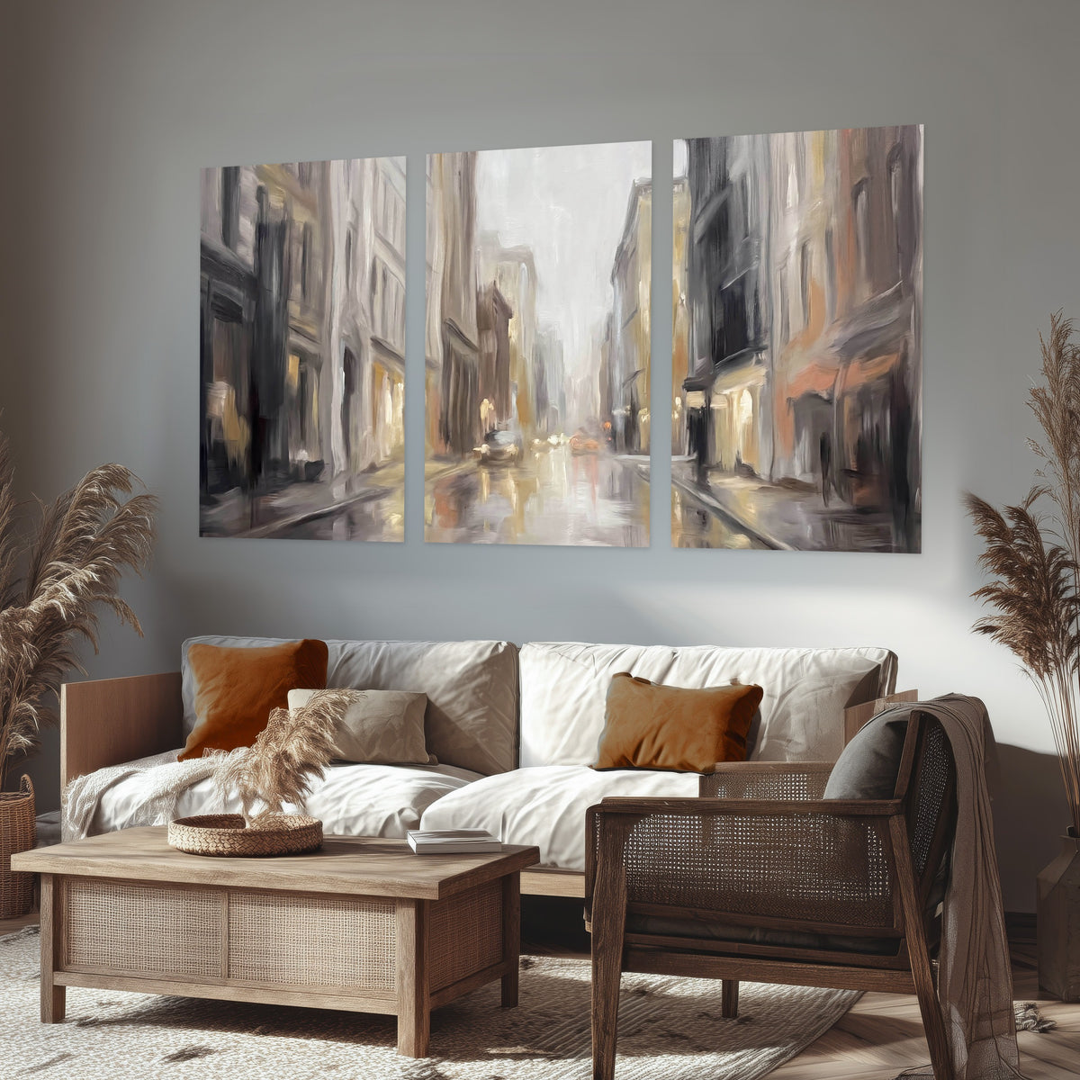Rainy city street painting set of 3 poster prints in a rustic living room