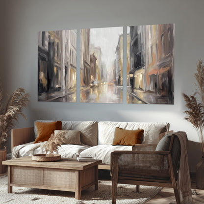 Rainy city street painting set of 3 poster prints in a rustic living room