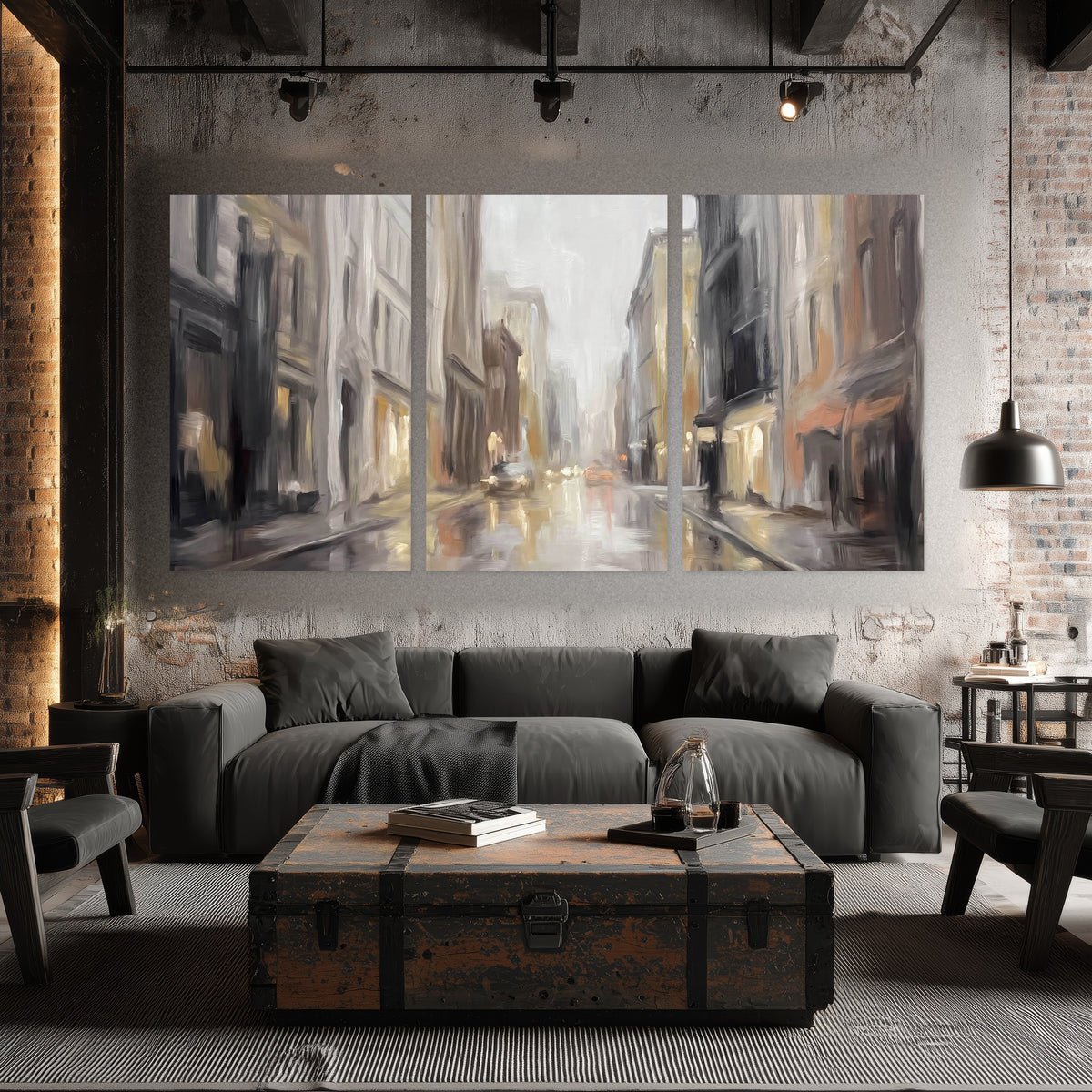 Rainy city street painting set of 3 poster prints in an industrial loft