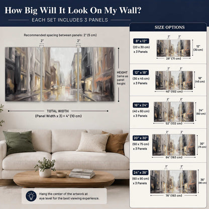 Rainy city street painting set of 3 poster prints size guide above a sofa