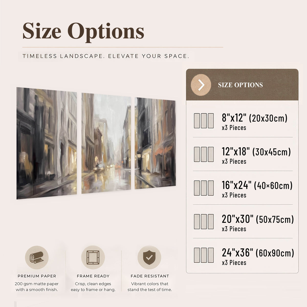 Rainy city street painting set of 3 poster prints size options