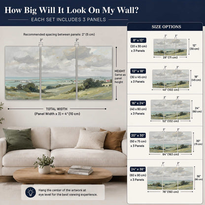 Coastal Countryside 3 piece canvas wall art set size guide: how big it looks on the wall