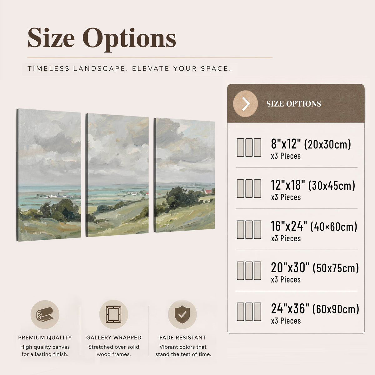 Coastal Countryside 3 piece canvas wall art set size options chart