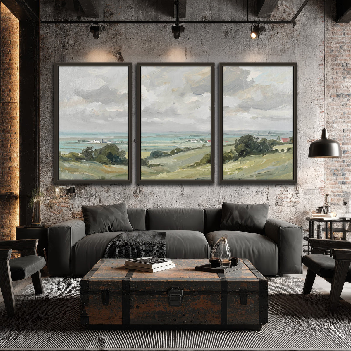 Coastal Countryside 3 piece framed canvas wall art hanging in an industrial loft