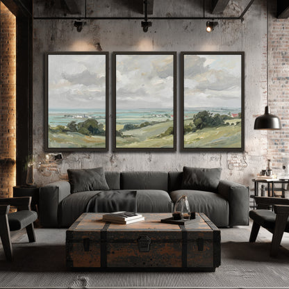 Coastal Countryside 3 piece framed canvas wall art hanging in an industrial loft