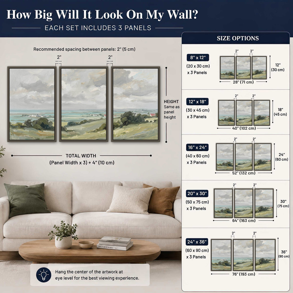Coastal Countryside 3 piece framed canvas wall art set size guide: how big it looks on the wall