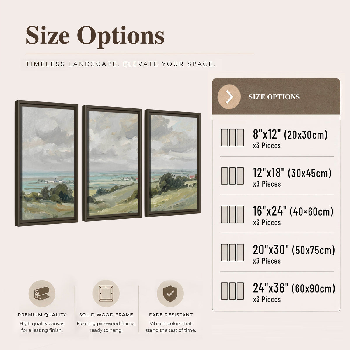 Coastal Countryside 3 piece framed canvas wall art set size options chart