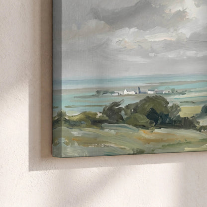 Close-up of gallery-wrapped canvas edge – coastal countryside landscape print continues around the side