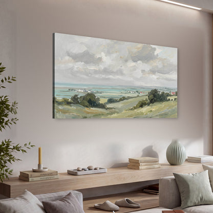 Coastal Countryside canvas wall art, single panoramic piece hanging in a living room with a long console