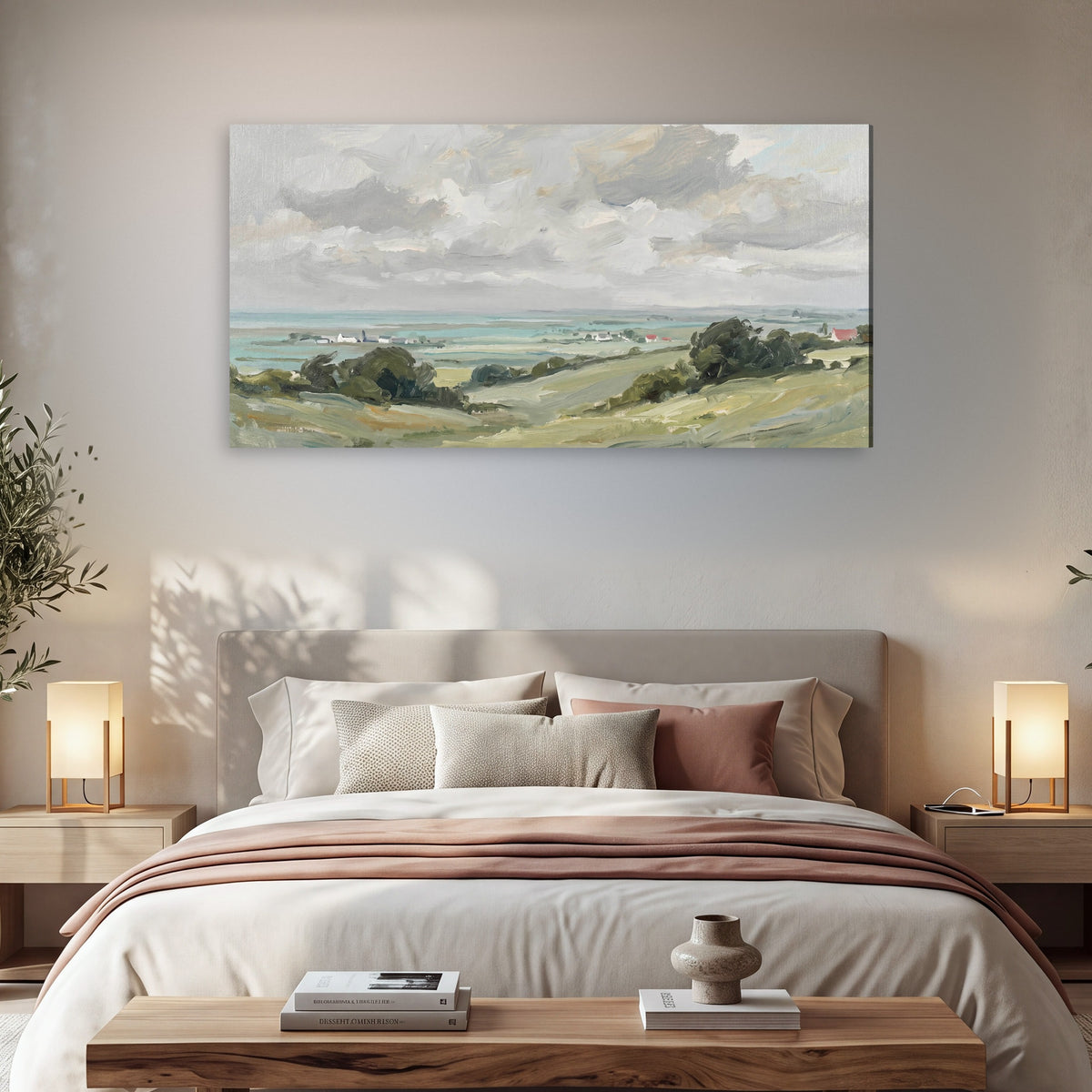 Coastal Countryside canvas wall art, single panoramic piece hanging in a cozy bedroom