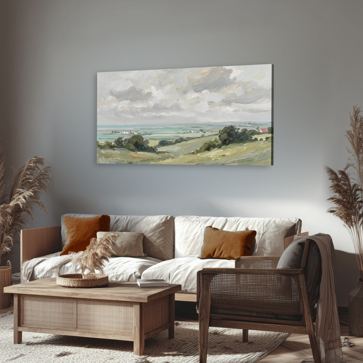 Coastal Countryside canvas wall art, single panoramic piece hanging in a rustic living room