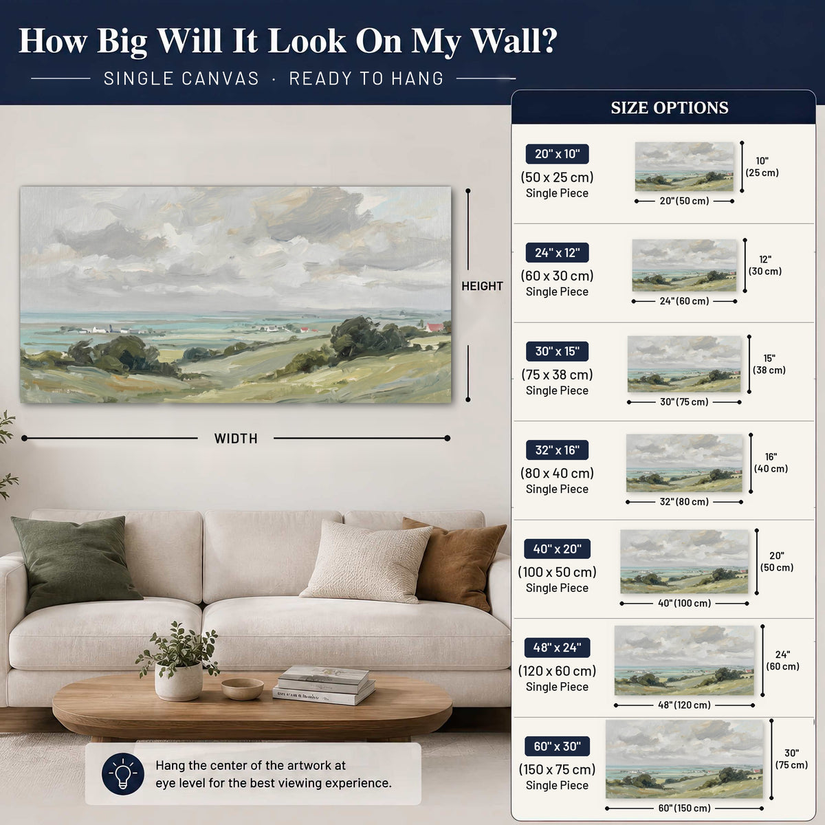 Coastal Countryside stretched canvas wall art size guide: how big it looks on the wall