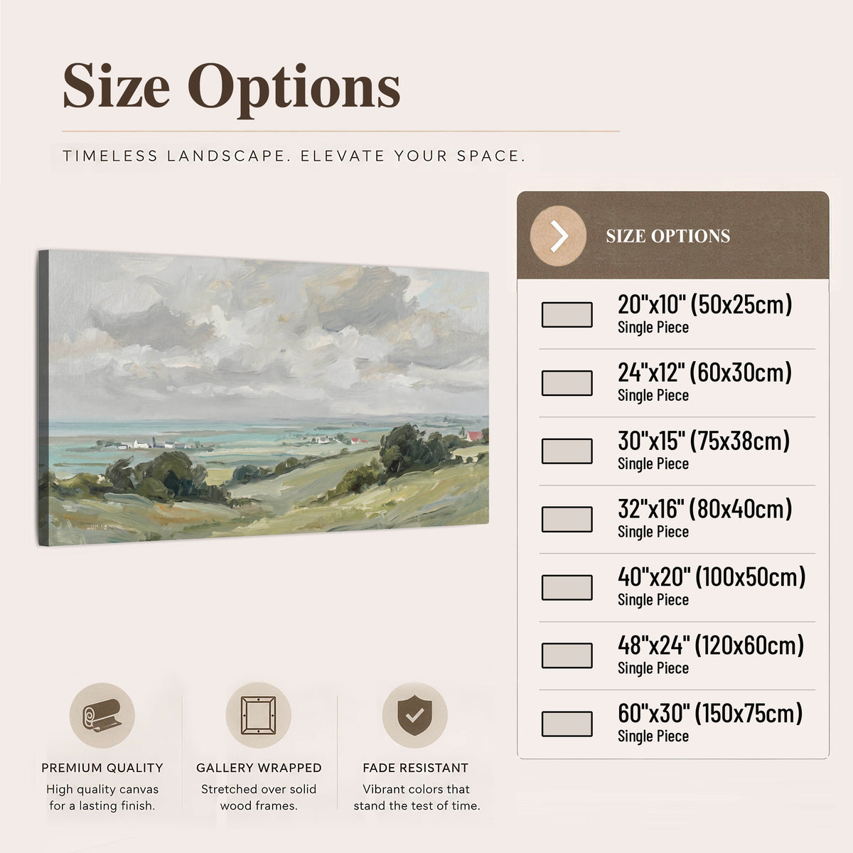 Coastal Countryside stretched canvas wall art size options chart