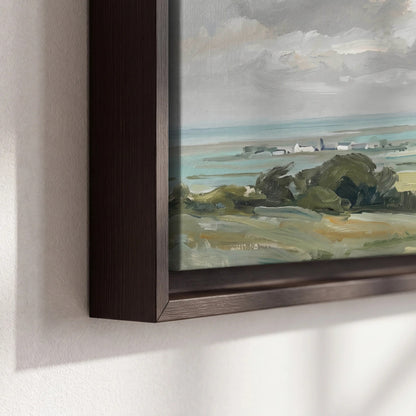 Close-up of dark floating frame and canvas edge – framed coastal countryside oil painting print
