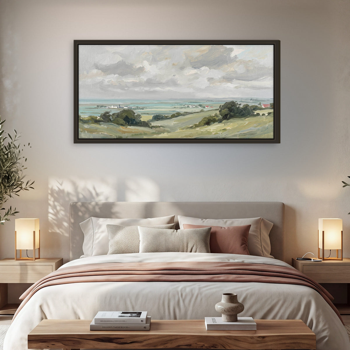 Coastal Countryside framed canvas wall art, single panoramic piece hanging in a cozy bedroom