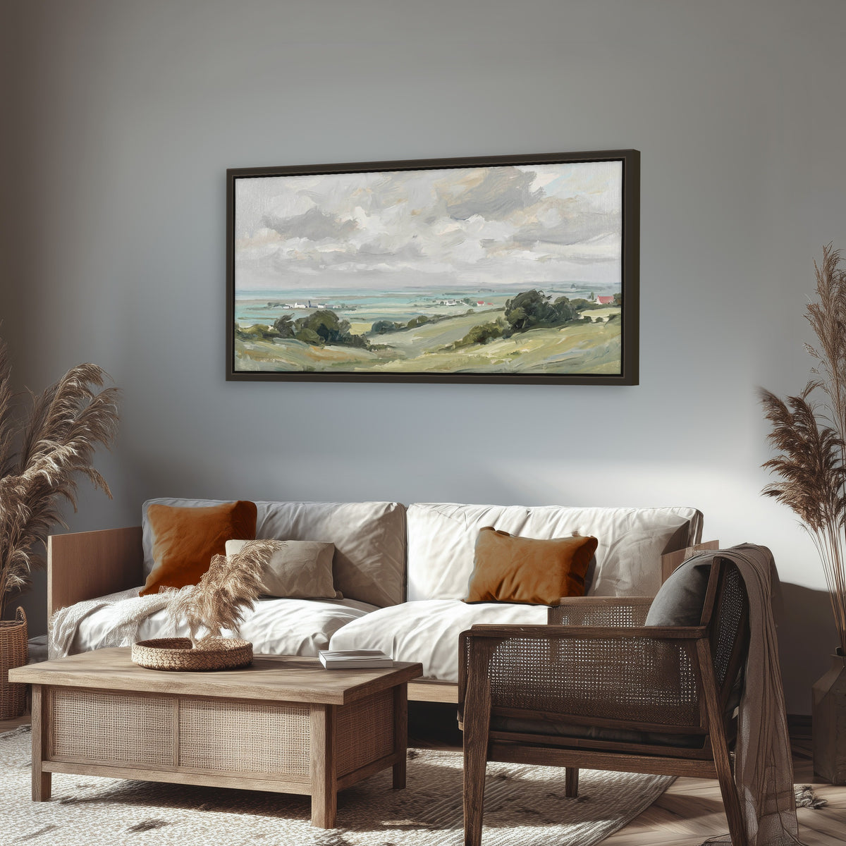 Coastal Countryside framed canvas wall art, single panoramic piece hanging in a rustic living room