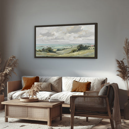 Coastal Countryside framed canvas wall art, single panoramic piece hanging in a rustic living room