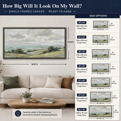 Coastal Countryside framed canvas wall art size guide: how big it looks on the wall