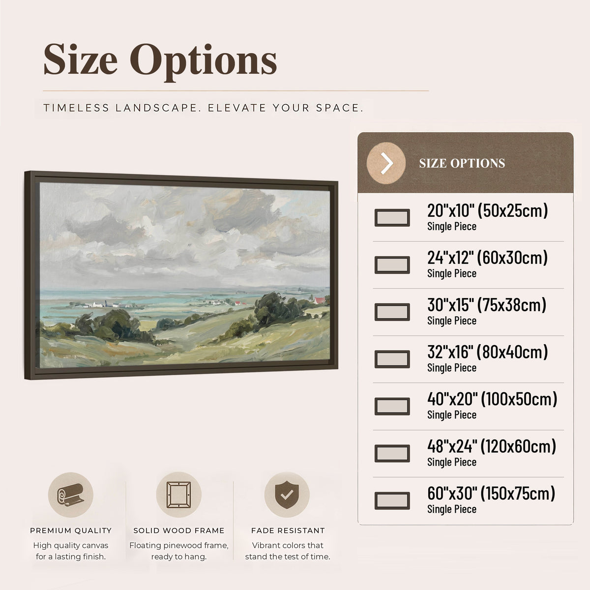 Coastal Countryside framed canvas wall art size options chart